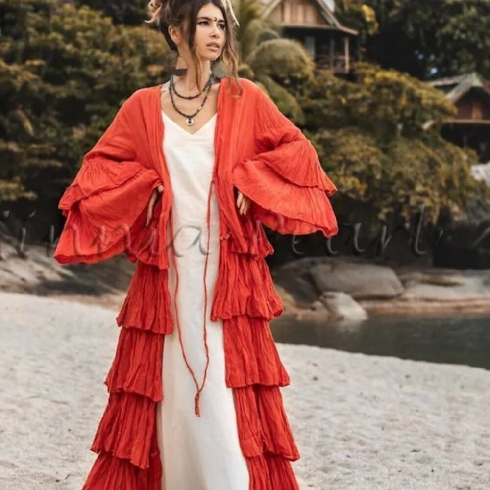 Bali Boho Hippie Maxi Tiered Ruffled Duster Kimono